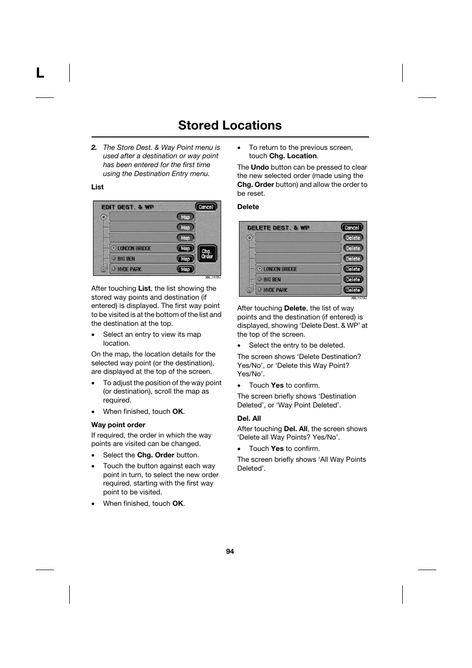 Stored locations | Jaguar Touch Screen Display JJM 18 42 26 701 User Manual | Page 94 / 132