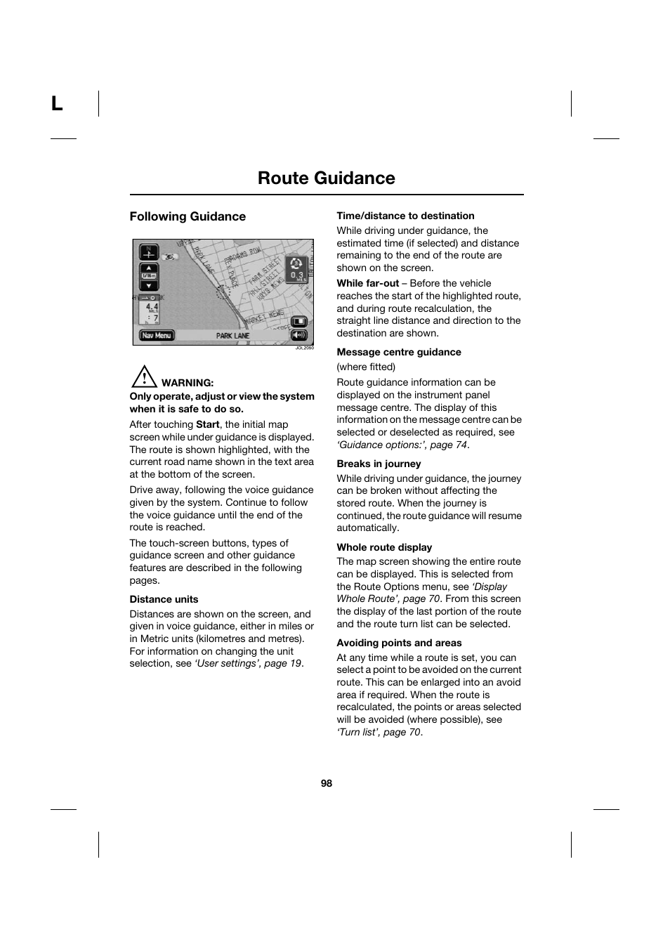 Route guidance | Jaguar Touch Screen Display JJM 18 42 26 701 User Manual | Page 98 / 132
