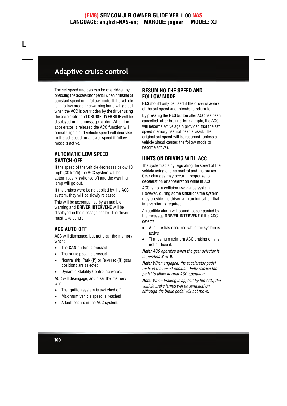 Adaptive cruise control | Jaguar SEMCON JLR XJ User Manual | Page 100 / 217