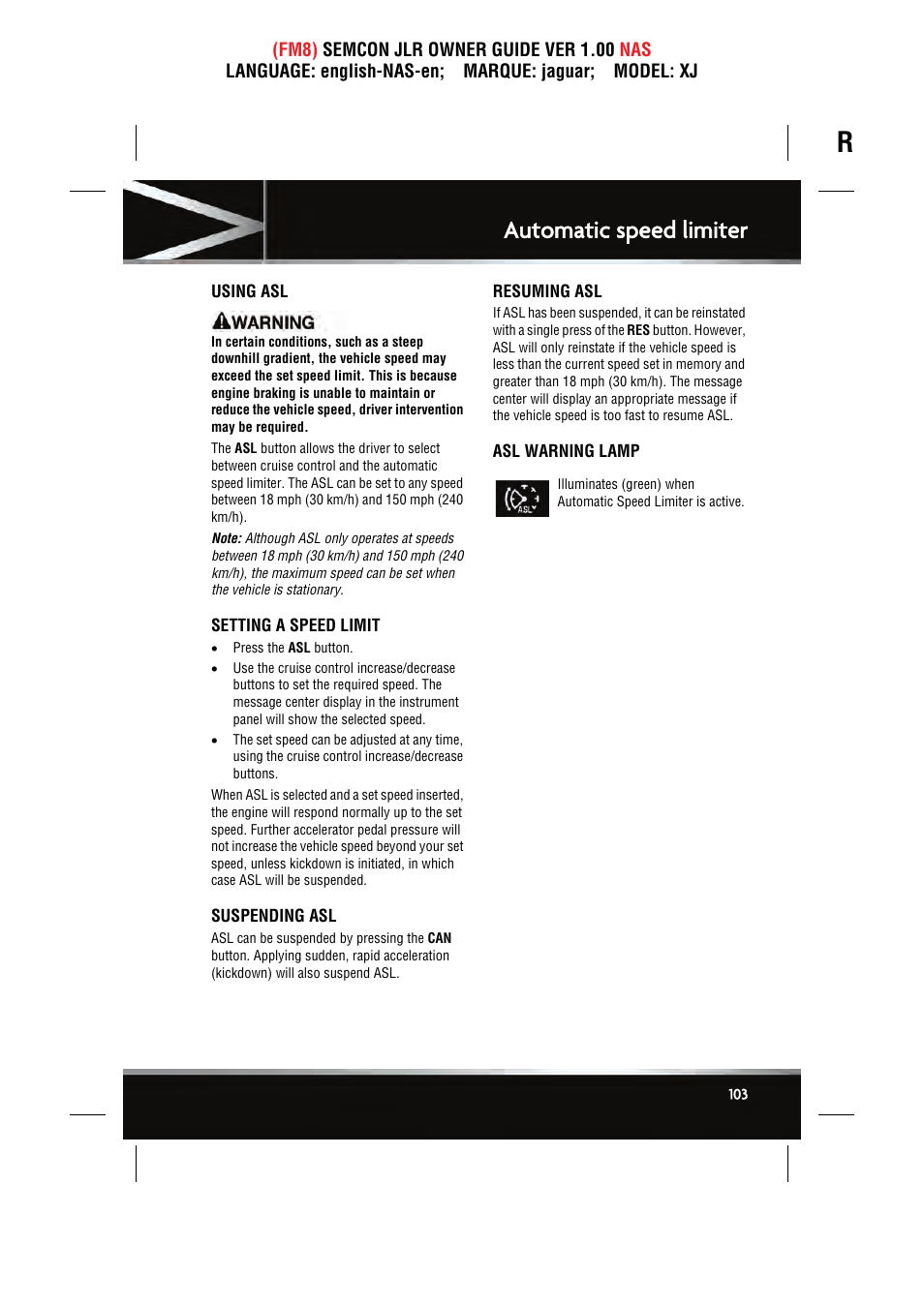 Automatic speed limiter | Jaguar SEMCON JLR XJ User Manual | Page 103 / 217