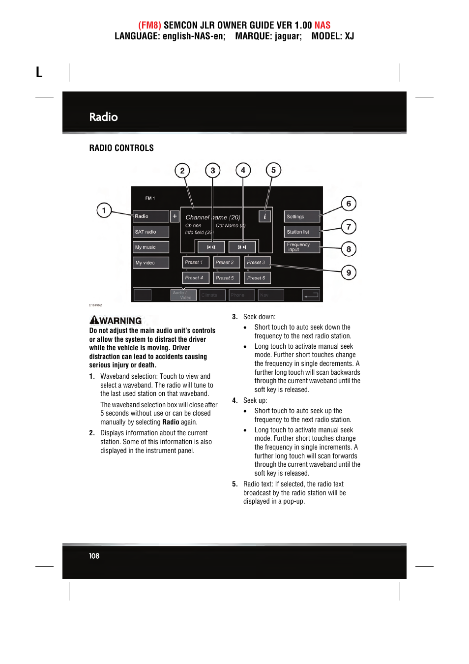 Radio | Jaguar SEMCON JLR XJ User Manual | Page 108 / 217