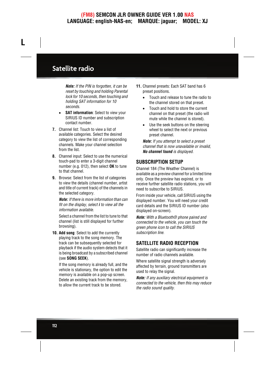 Satellite radio | Jaguar SEMCON JLR XJ User Manual | Page 112 / 217