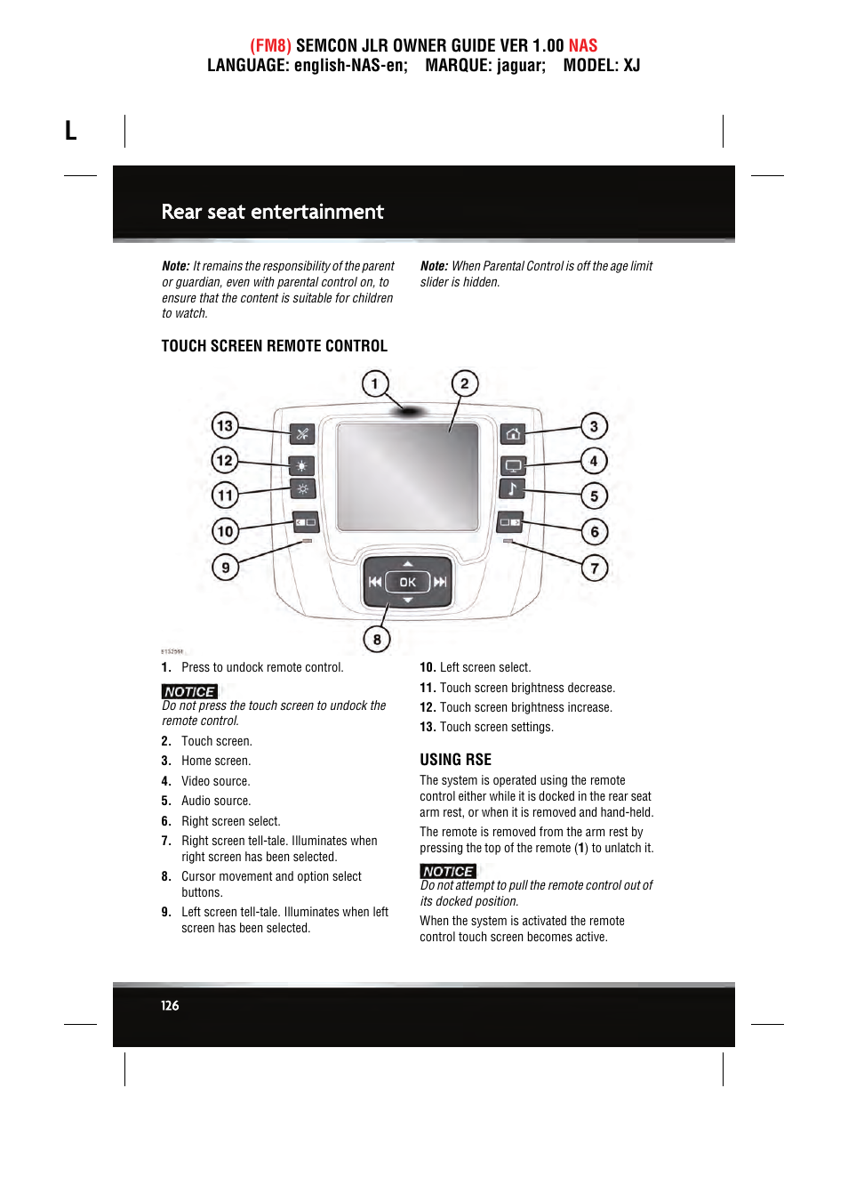 Rear seat entertainment | Jaguar SEMCON JLR XJ User Manual | Page 126 / 217