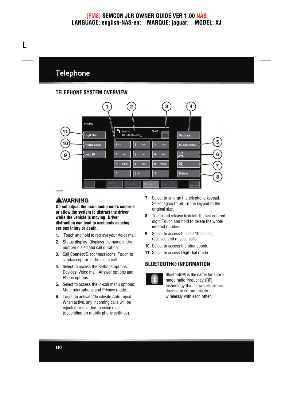 Telephone | Jaguar SEMCON JLR XJ User Manual | Page 130 / 217