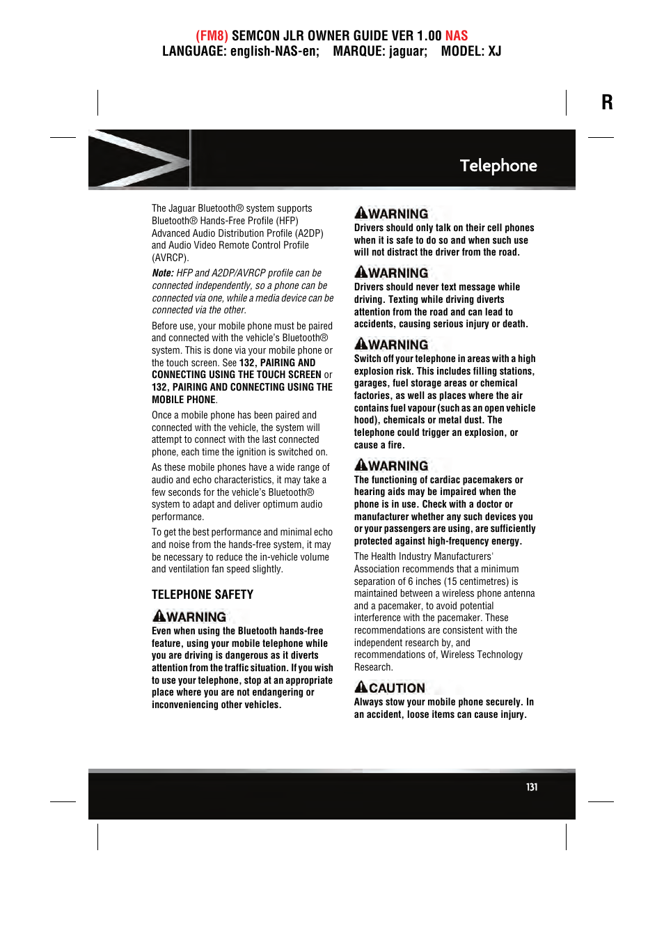 Telephone | Jaguar SEMCON JLR XJ User Manual | Page 131 / 217