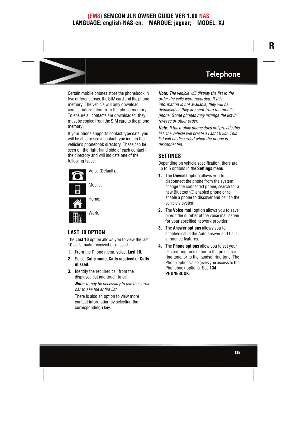 Telephone | Jaguar SEMCON JLR XJ User Manual | Page 135 / 217