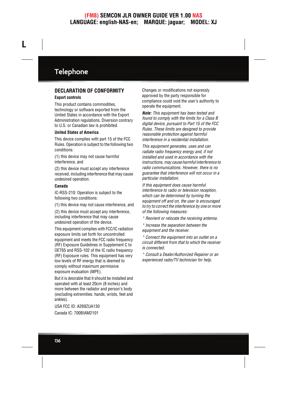 Telephone | Jaguar SEMCON JLR XJ User Manual | Page 136 / 217