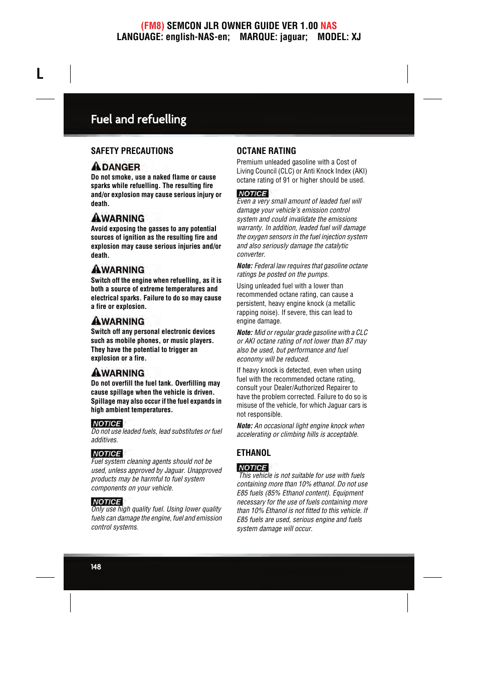 Fuel and refuelling | Jaguar SEMCON JLR XJ User Manual | Page 148 / 217