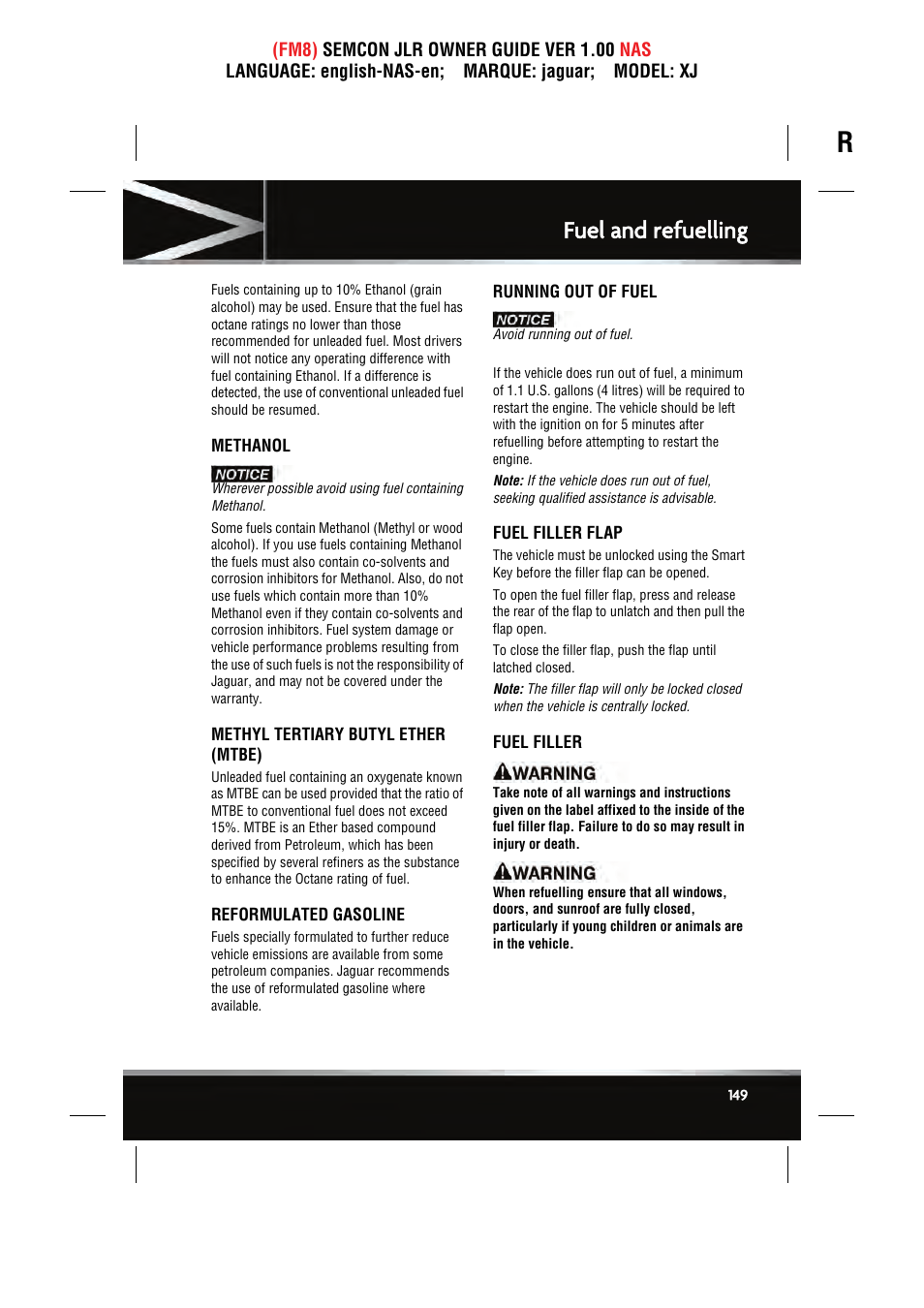Fuel and refuelling | Jaguar SEMCON JLR XJ User Manual | Page 149 / 217