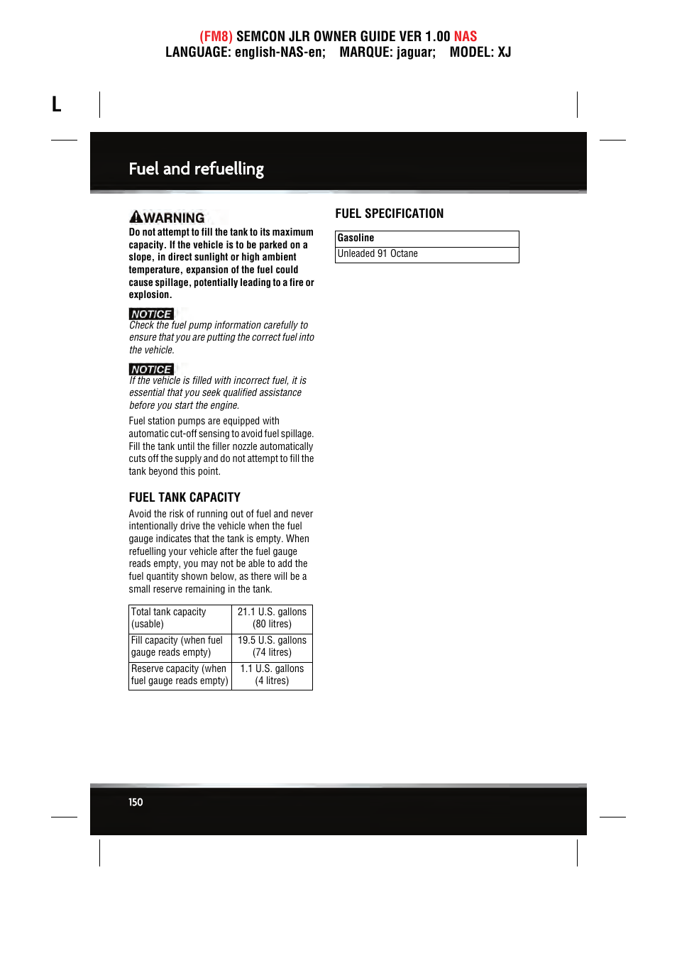 Fuel and refuelling | Jaguar SEMCON JLR XJ User Manual | Page 150 / 217