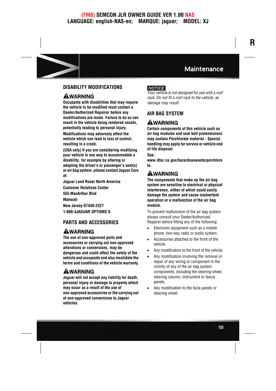 Maintenance | Jaguar SEMCON JLR XJ User Manual | Page 151 / 217
