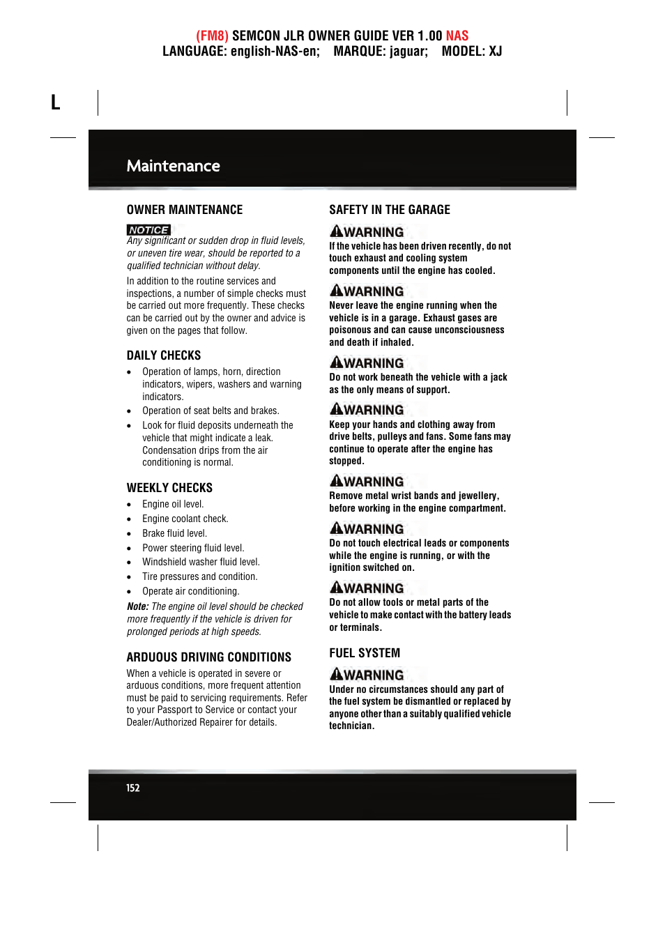 Maintenance | Jaguar SEMCON JLR XJ User Manual | Page 152 / 217