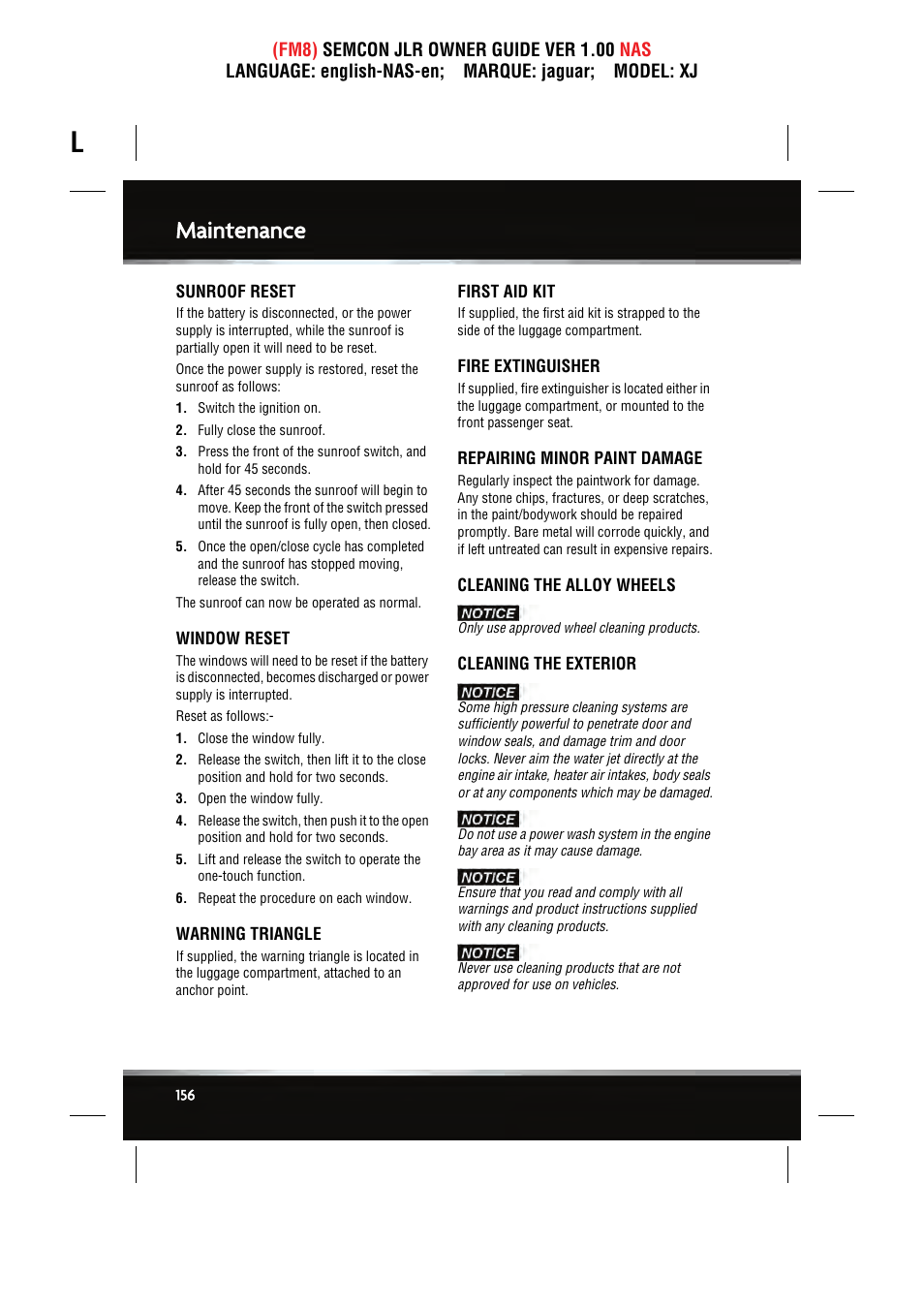 Maintenance | Jaguar SEMCON JLR XJ User Manual | Page 156 / 217