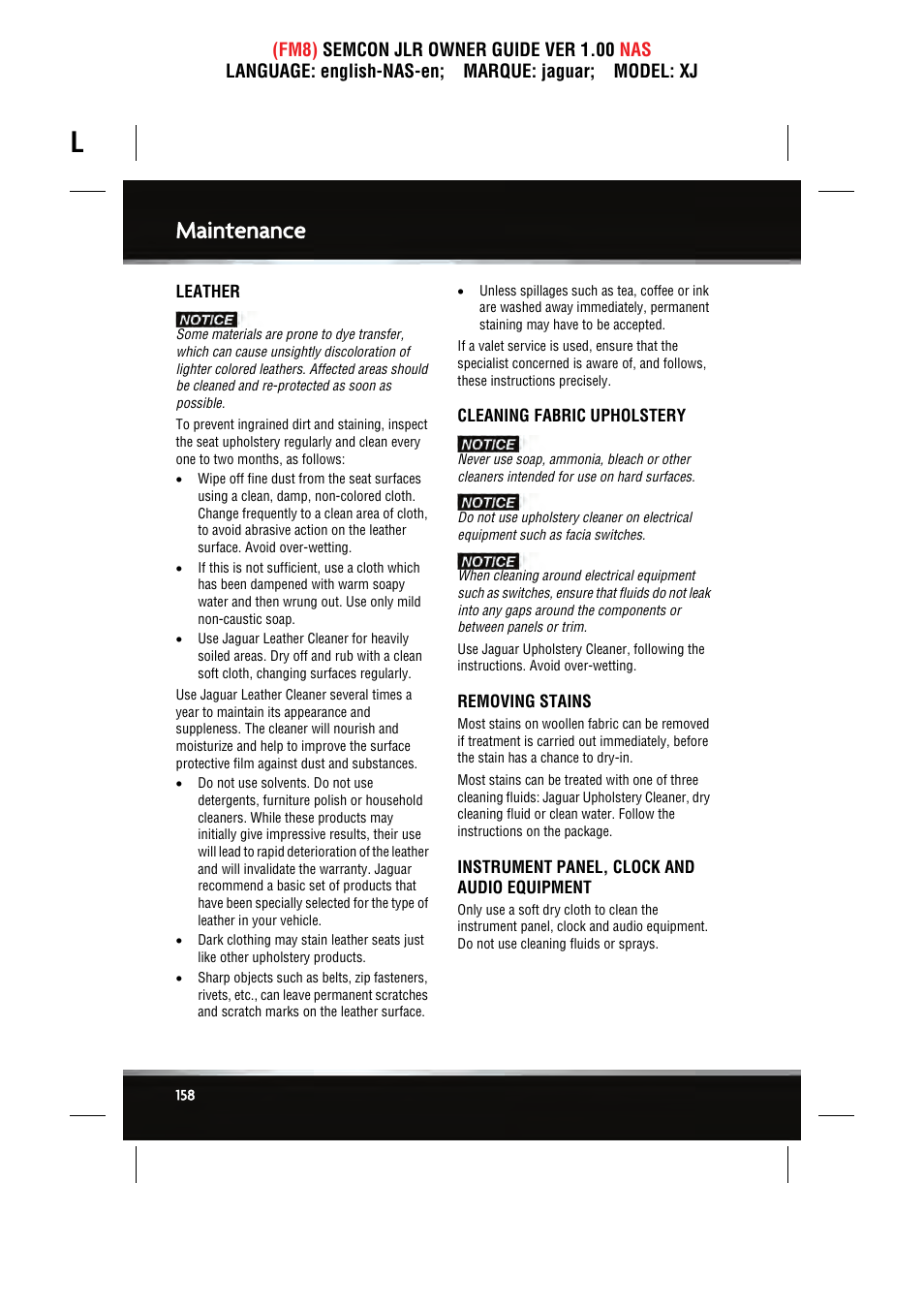 Maintenance | Jaguar SEMCON JLR XJ User Manual | Page 158 / 217