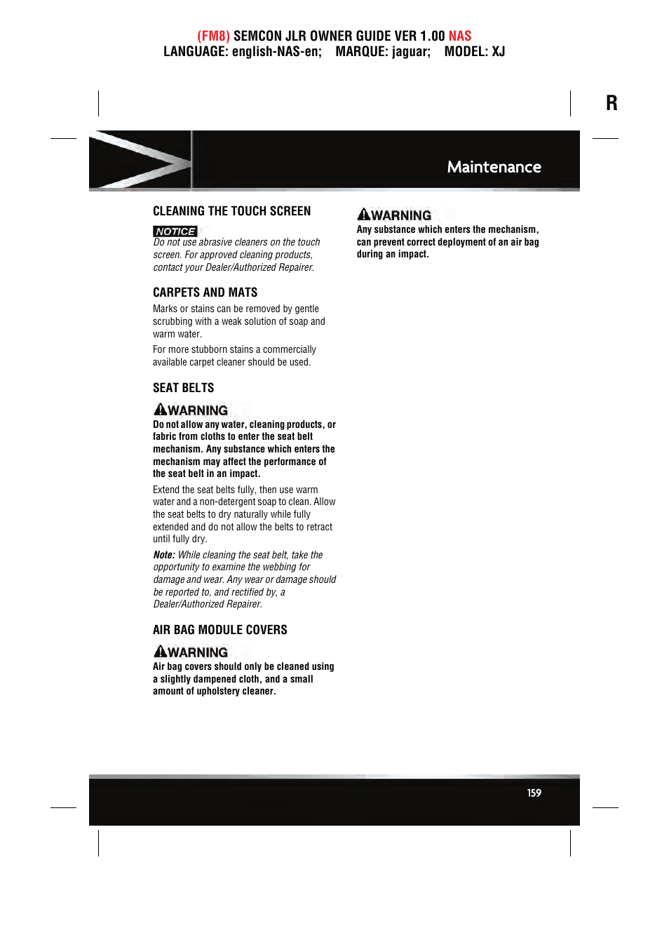 Maintenance | Jaguar SEMCON JLR XJ User Manual | Page 159 / 217