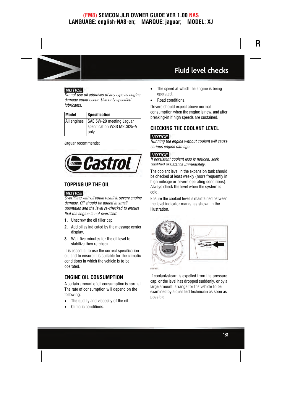 Fluid level checks | Jaguar SEMCON JLR XJ User Manual | Page 161 / 217