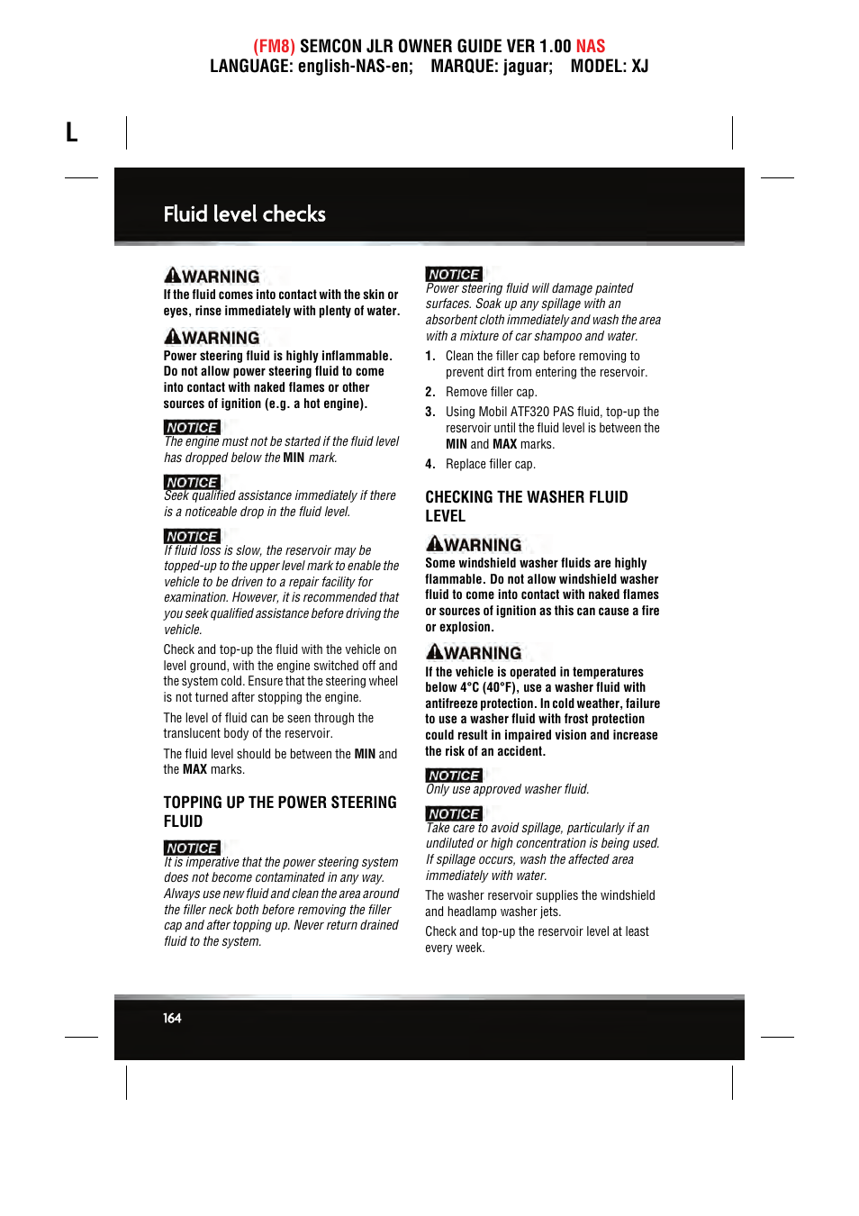 Fluid level checks | Jaguar SEMCON JLR XJ User Manual | Page 164 / 217