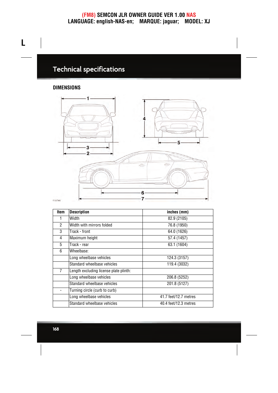 Technical specifications | Jaguar SEMCON JLR XJ User Manual | Page 168 / 217