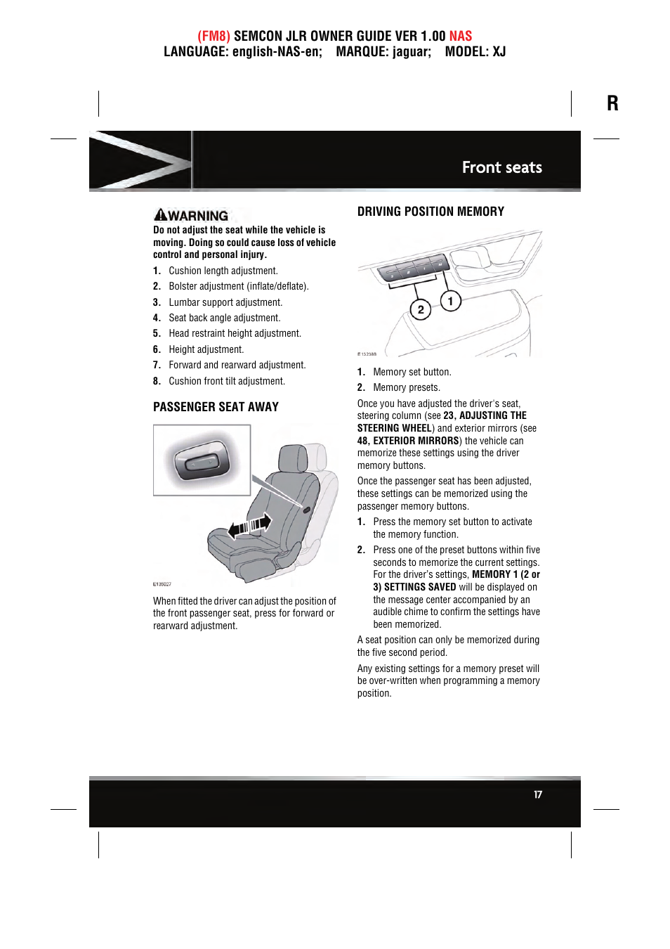 Front seats | Jaguar SEMCON JLR XJ User Manual | Page 17 / 217