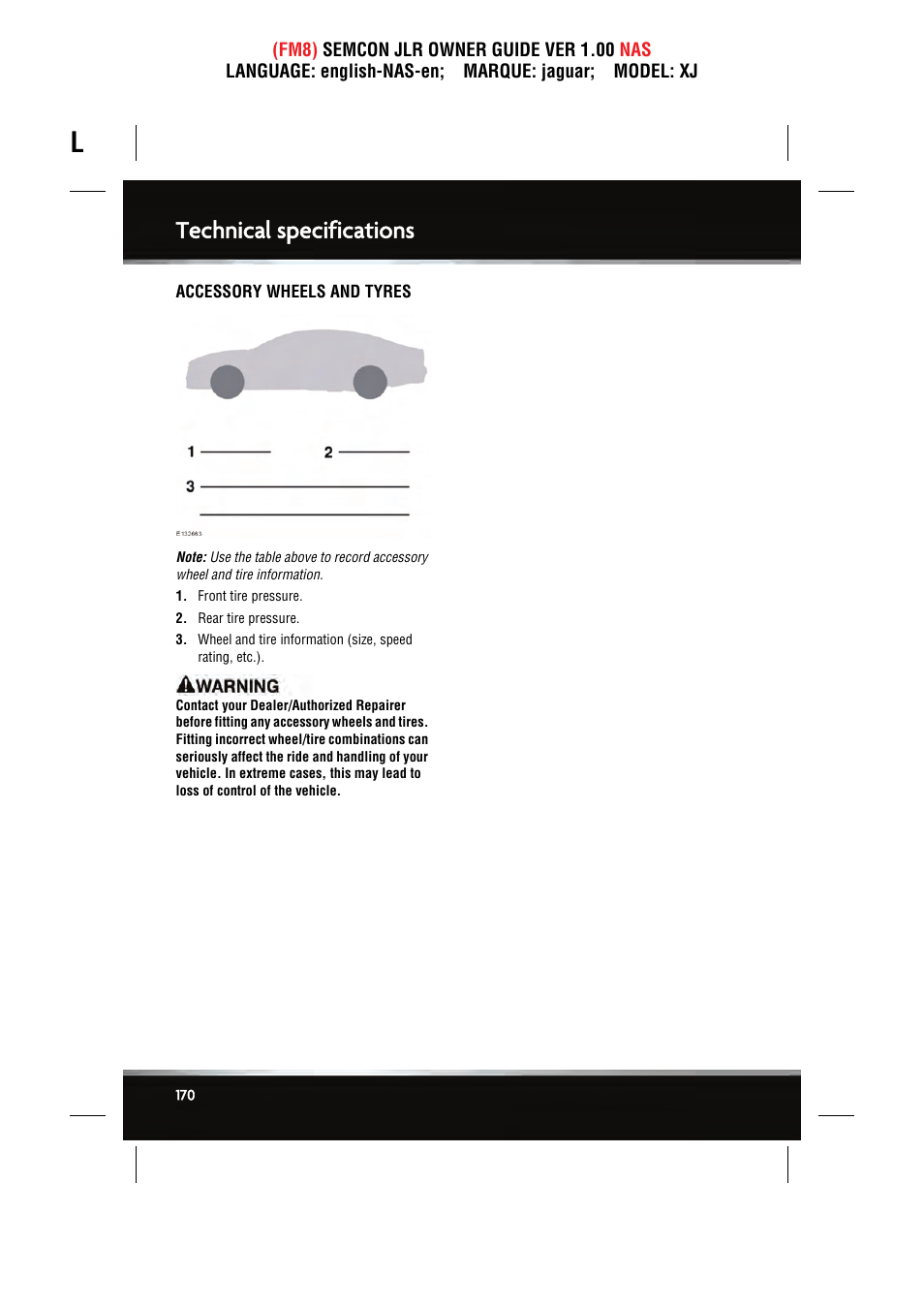 Technical specifications | Jaguar SEMCON JLR XJ User Manual | Page 170 / 217