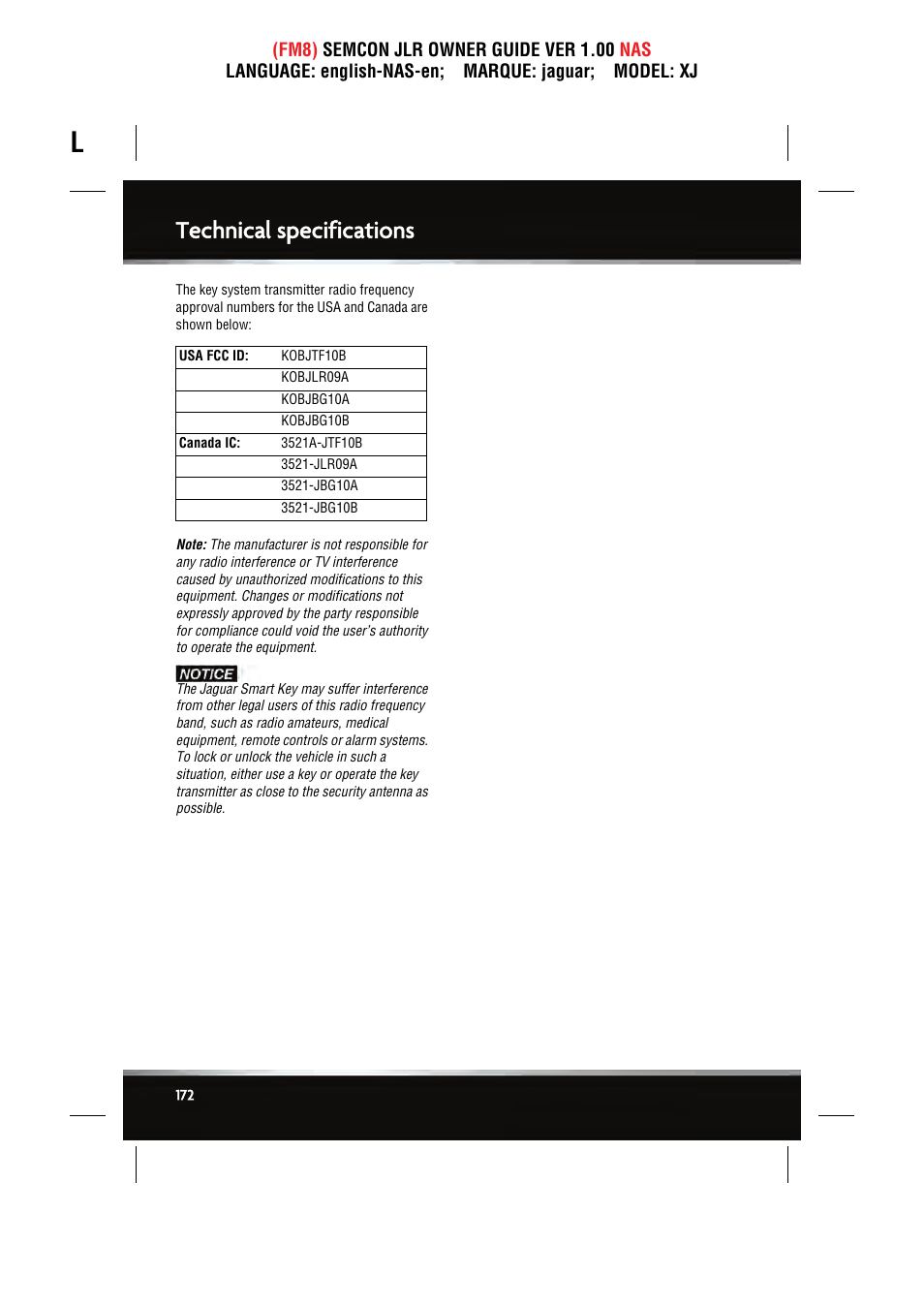 Technical specifications | Jaguar SEMCON JLR XJ User Manual | Page 172 / 217