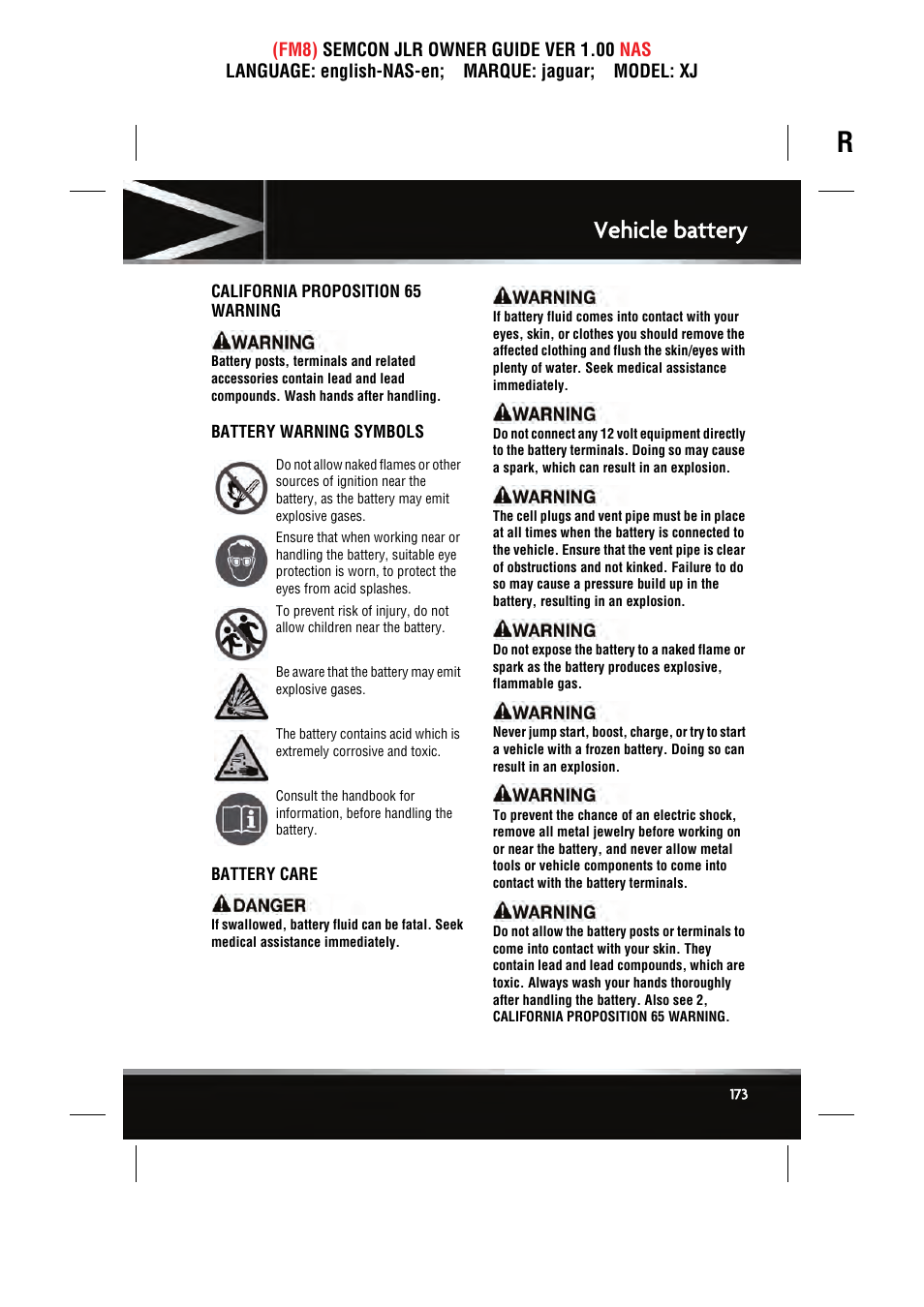 Vehicle battery | Jaguar SEMCON JLR XJ User Manual | Page 173 / 217