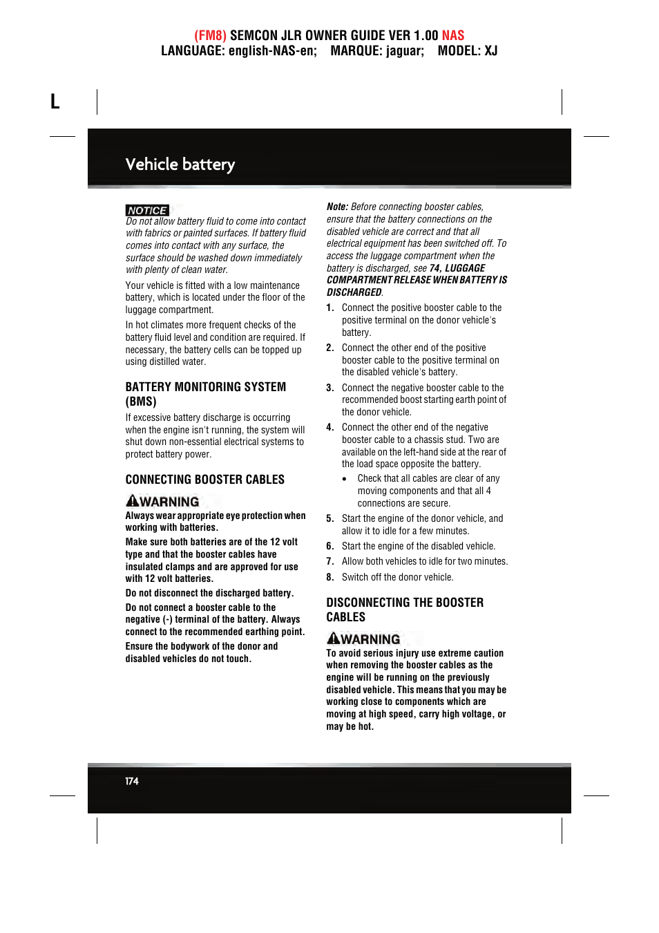 Vehicle battery | Jaguar SEMCON JLR XJ User Manual | Page 174 / 217