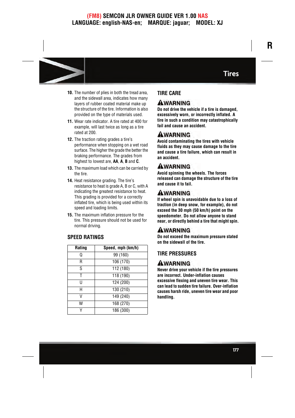Tires | Jaguar SEMCON JLR XJ User Manual | Page 177 / 217