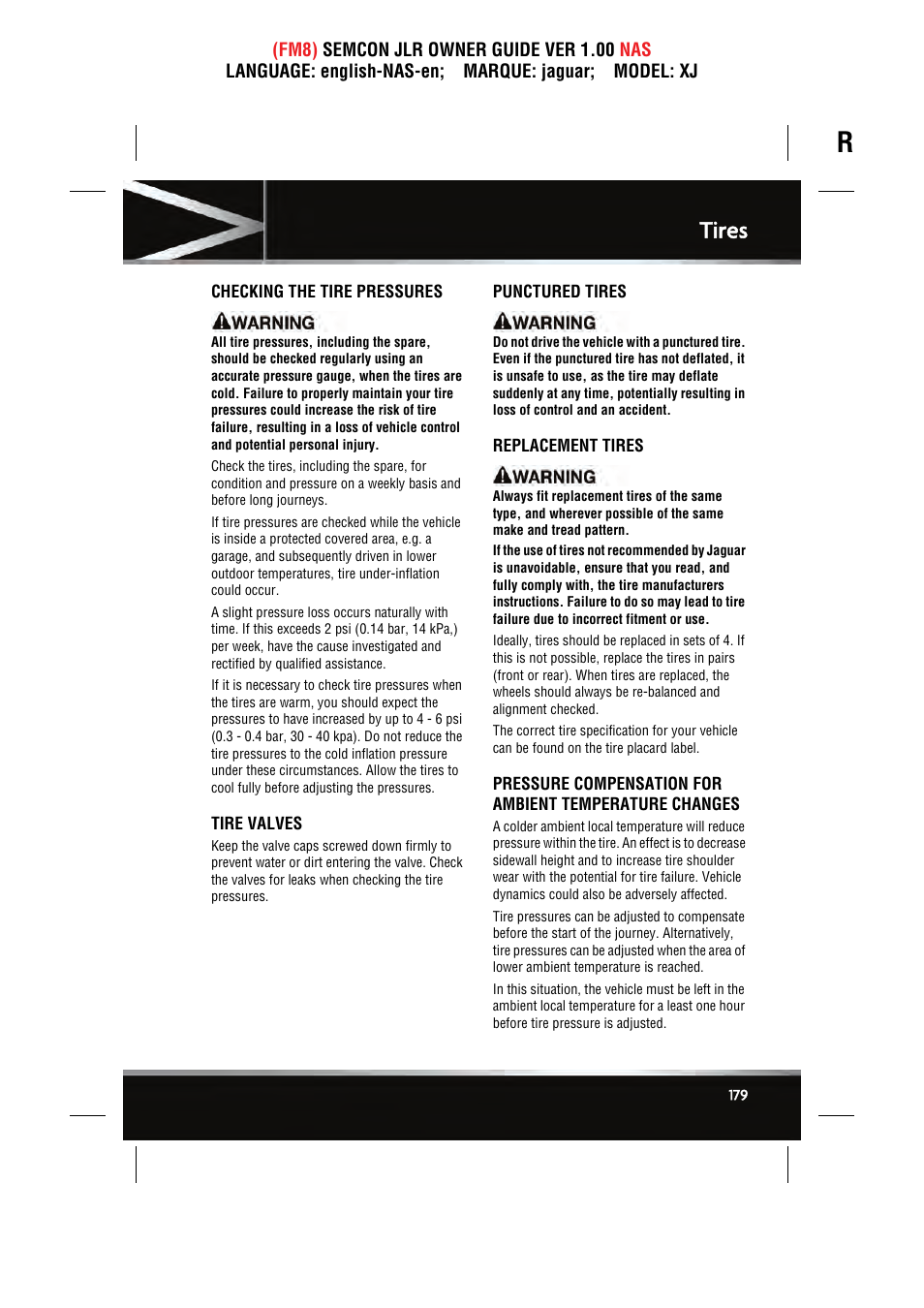 Tires | Jaguar SEMCON JLR XJ User Manual | Page 179 / 217