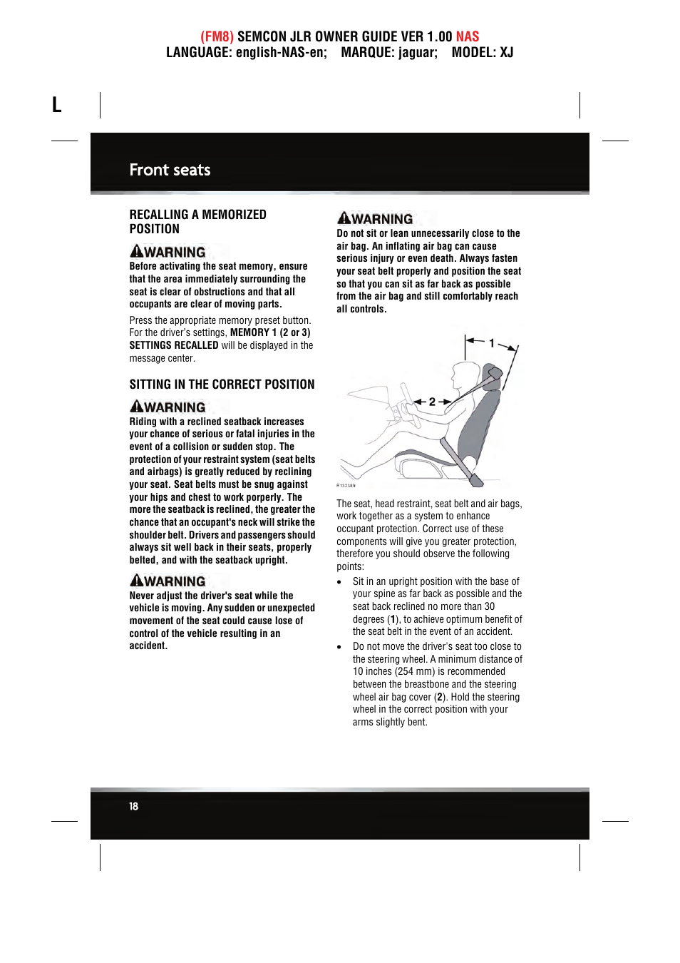 Front seats | Jaguar SEMCON JLR XJ User Manual | Page 18 / 217