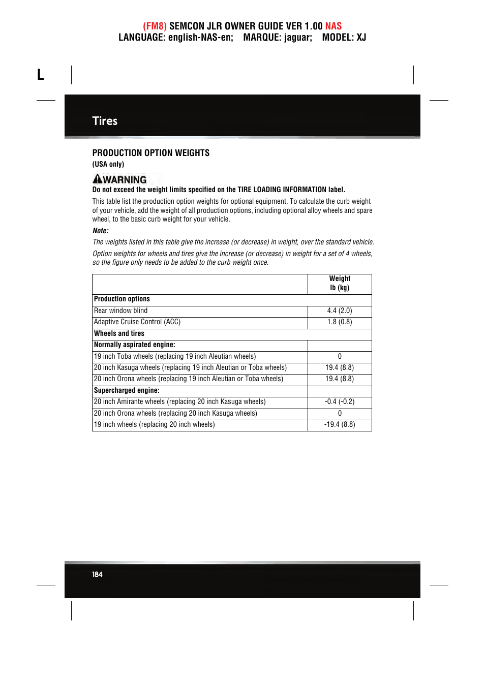 Tires | Jaguar SEMCON JLR XJ User Manual | Page 184 / 217