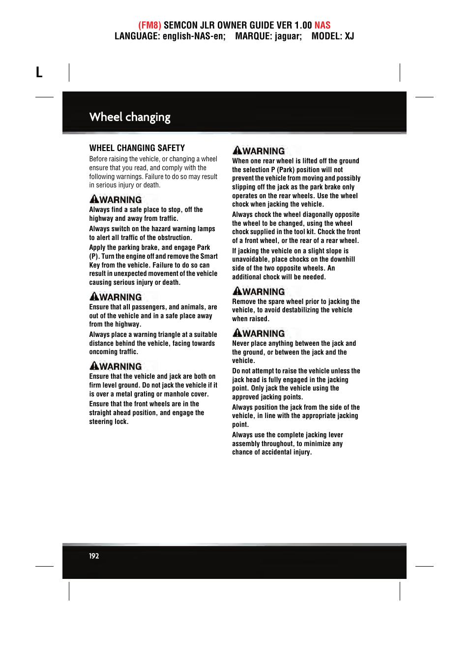 Wheel changing | Jaguar SEMCON JLR XJ User Manual | Page 192 / 217