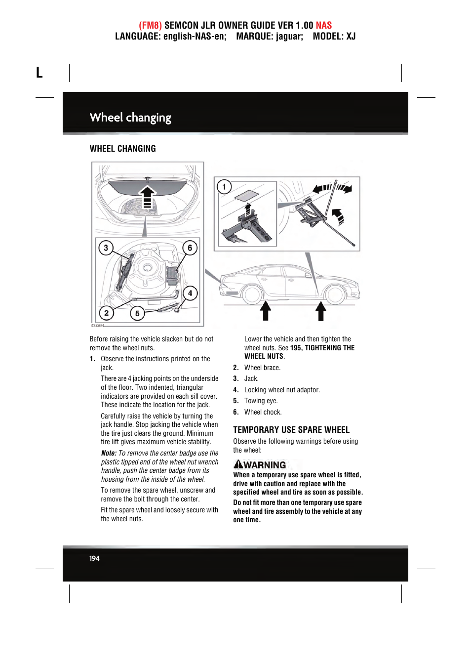 Wheel changing | Jaguar SEMCON JLR XJ User Manual | Page 194 / 217