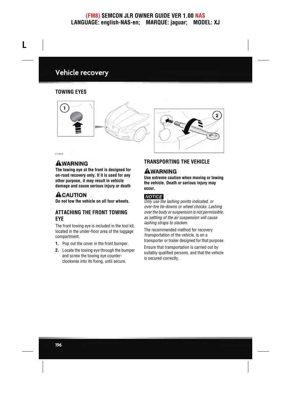 Vehicle recovery | Jaguar SEMCON JLR XJ User Manual | Page 196 / 217