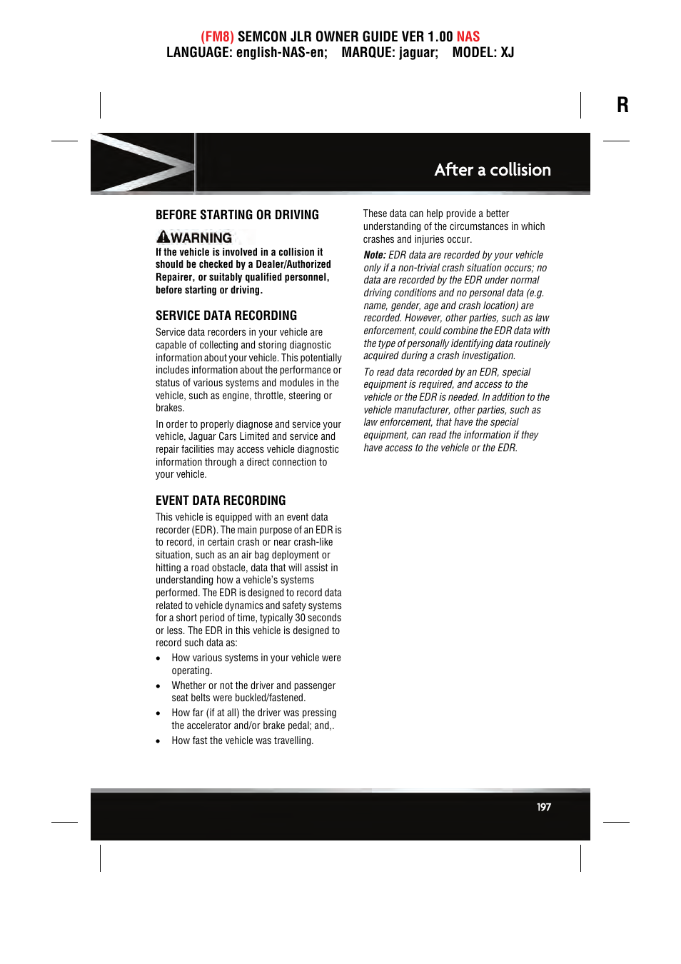 After a collision | Jaguar SEMCON JLR XJ User Manual | Page 197 / 217