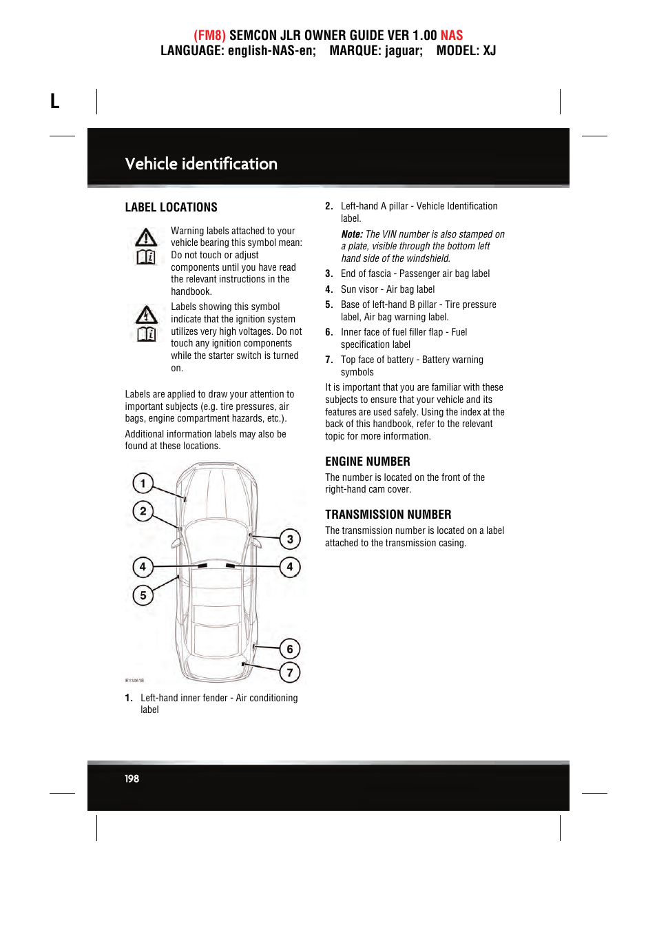 Vehicle identification | Jaguar SEMCON JLR XJ User Manual | Page 198 / 217