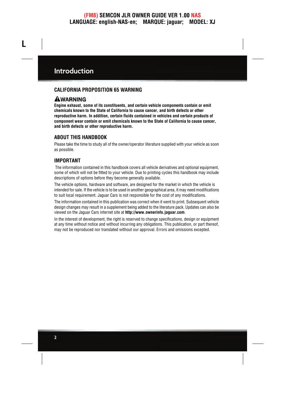 Introduction | Jaguar SEMCON JLR XJ User Manual | Page 2 / 217