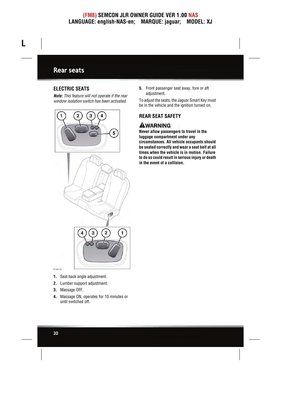 Rear seats | Jaguar SEMCON JLR XJ User Manual | Page 20 / 217
