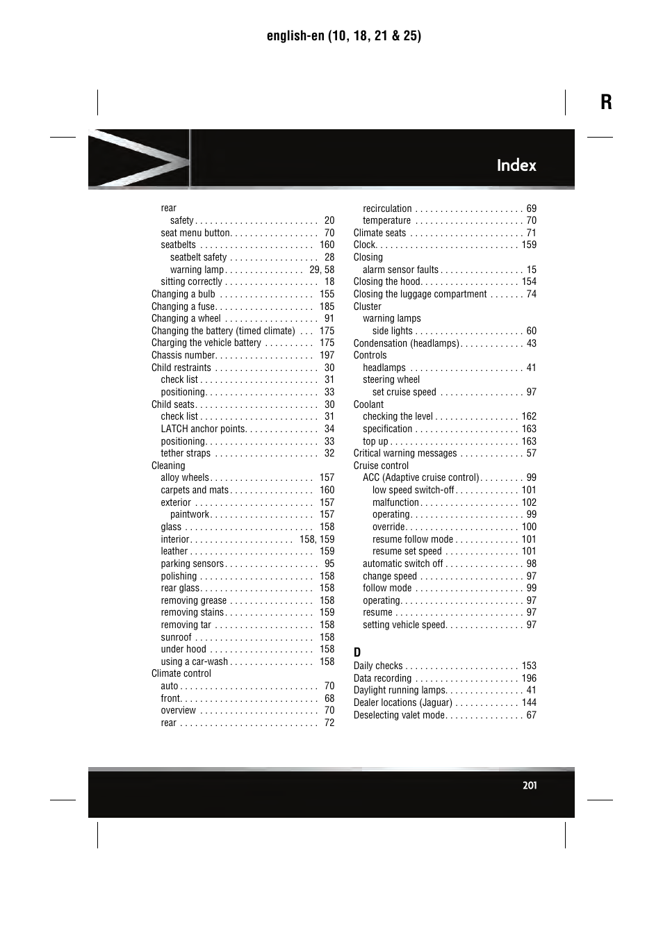 Index | Jaguar SEMCON JLR XJ User Manual | Page 201 / 217