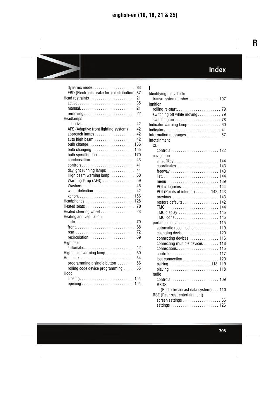 Index | Jaguar SEMCON JLR XJ User Manual | Page 205 / 217