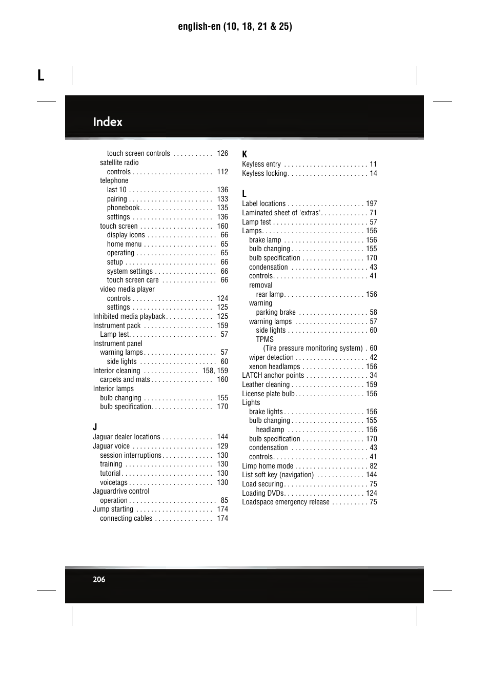 Index | Jaguar SEMCON JLR XJ User Manual | Page 206 / 217