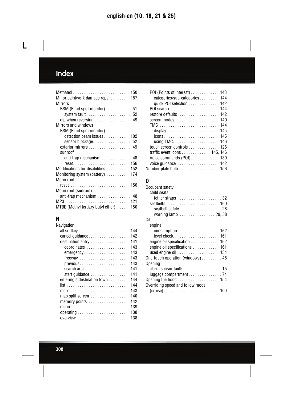 Index | Jaguar SEMCON JLR XJ User Manual | Page 208 / 217