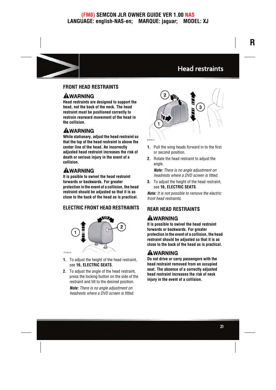 Head restraints | Jaguar SEMCON JLR XJ User Manual | Page 21 / 217