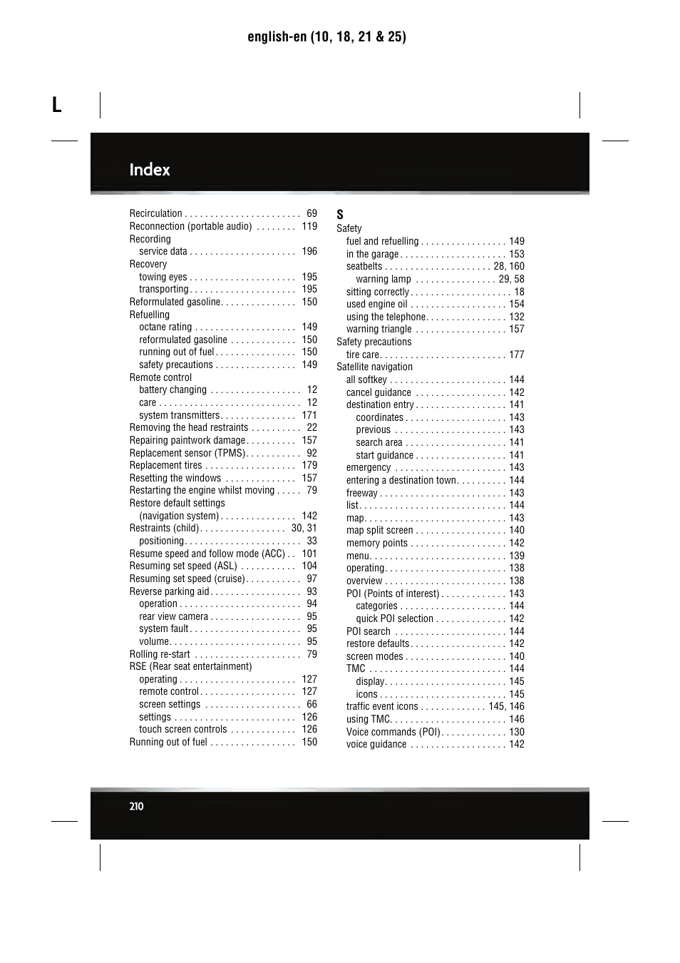 Index | Jaguar SEMCON JLR XJ User Manual | Page 210 / 217