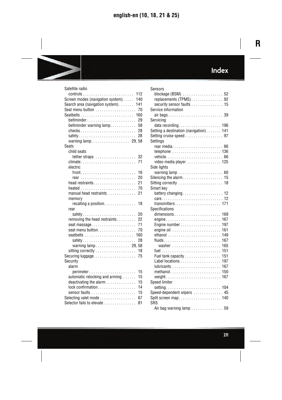 Index | Jaguar SEMCON JLR XJ User Manual | Page 211 / 217