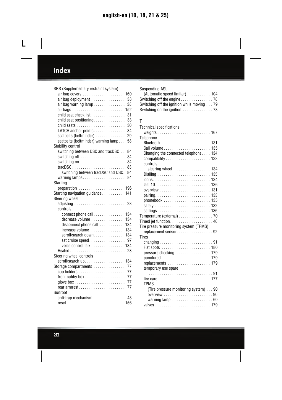 Index | Jaguar SEMCON JLR XJ User Manual | Page 212 / 217