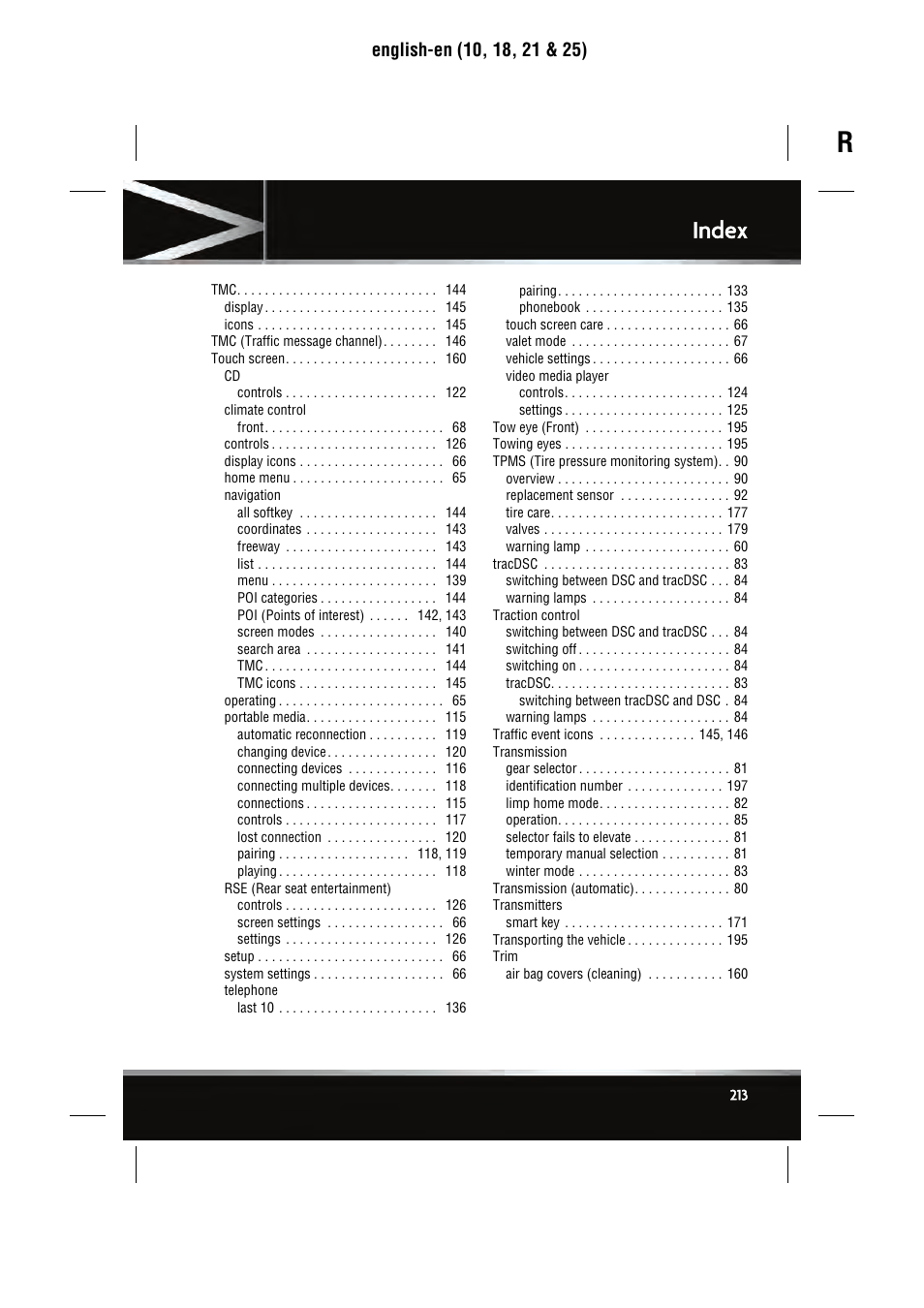 Index | Jaguar SEMCON JLR XJ User Manual | Page 213 / 217