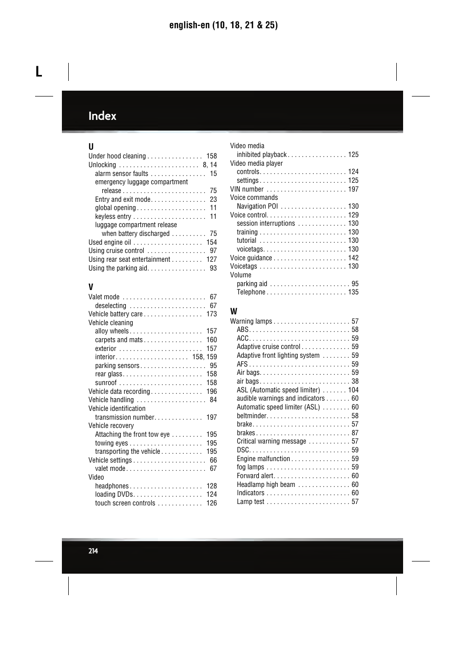 Index | Jaguar SEMCON JLR XJ User Manual | Page 214 / 217