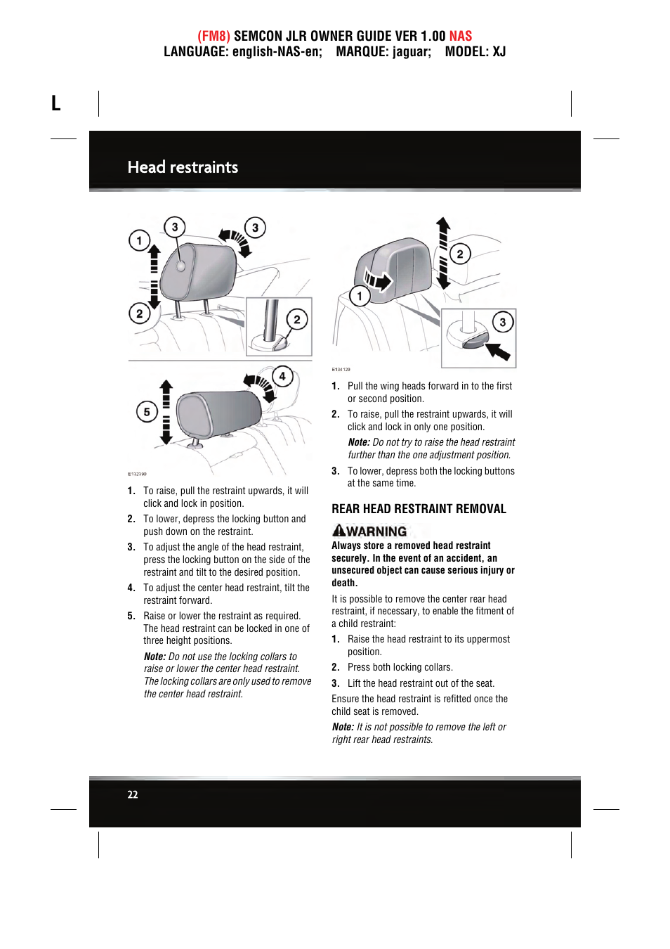 Head restraints | Jaguar SEMCON JLR XJ User Manual | Page 22 / 217