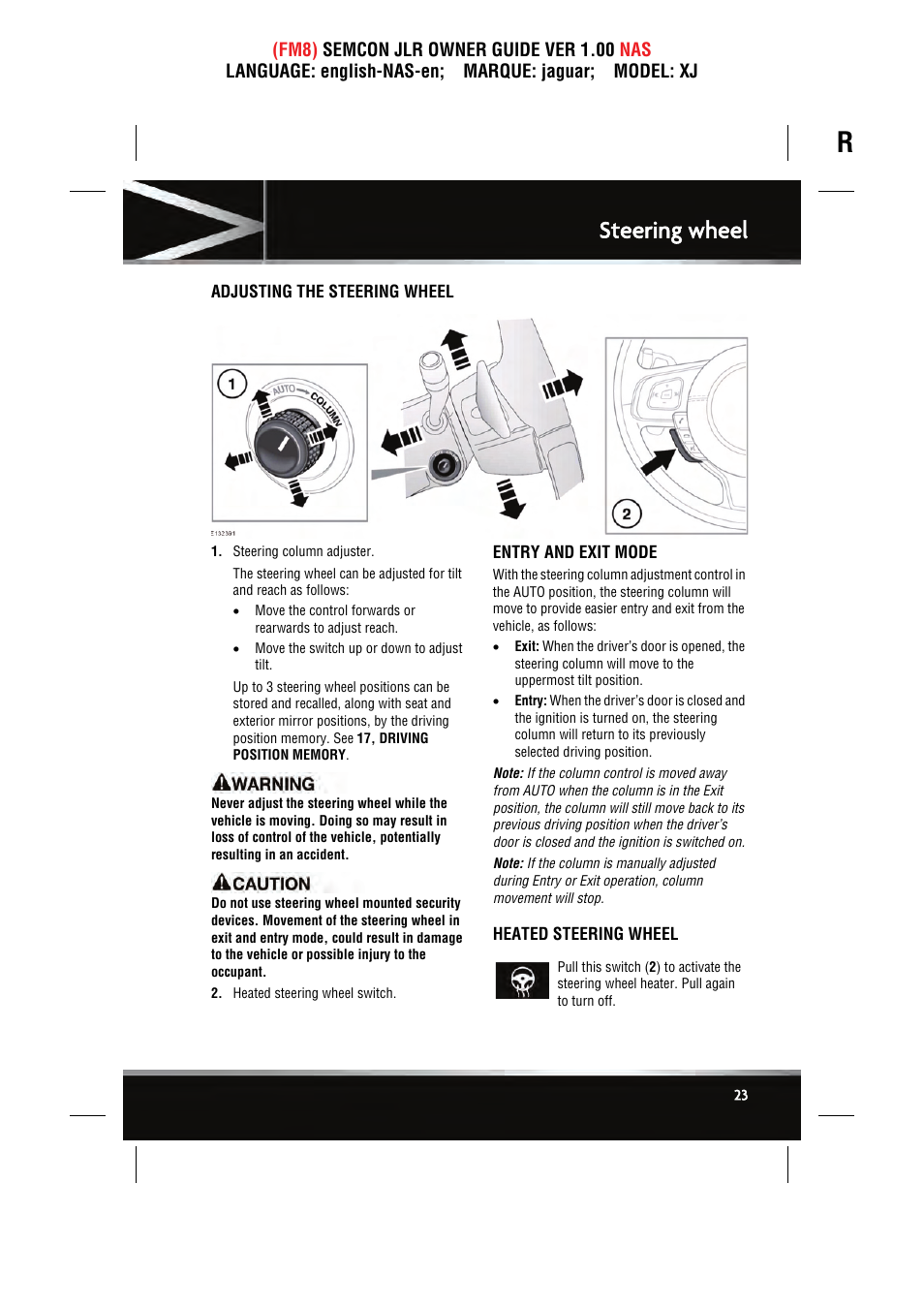 Steering wheel | Jaguar SEMCON JLR XJ User Manual | Page 23 / 217